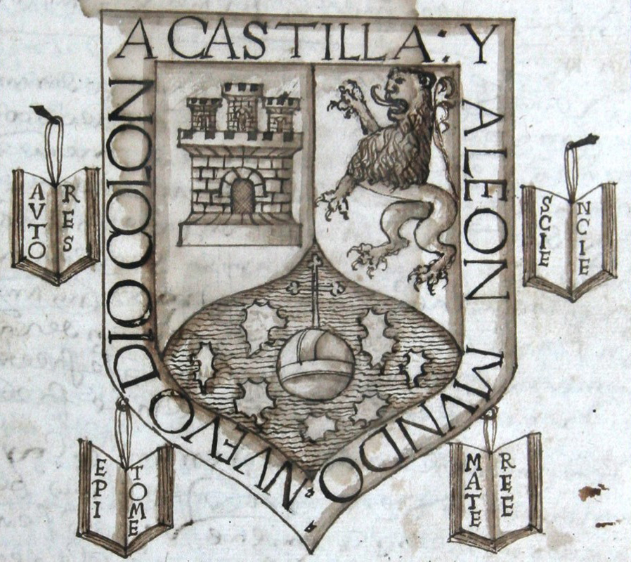 Colón’s Coat of Arms, depicting the four principal indices to his library, the books of authors (autores), sciences (ciencias), materials (materiales) and epitomes (epítomes).